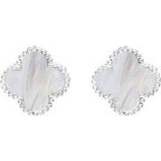 Oro Bianco Orecchini Sterling Silver White Mother of Pearl Bloom Four Leaf Clover Ball Edge Stud Earrings