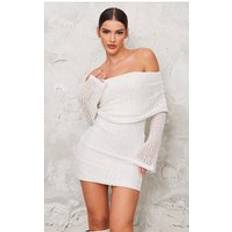 PrettyLittleThing Cream Textured Bardot Flare Long Sleeve Mini Dress, White