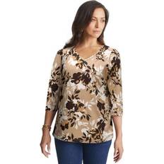 Jessica London T-shirts Jessica London Plus Women's Stretch Cotton V-Neck Tee in New Khaki Shadow Floral (Size 22/24) 3/4 Sleeve T-Shirt