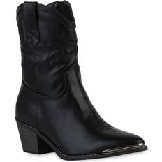 VAN HILL Damen Cowboy Boots Stiefeletten Stickereien Holzoptikabsatz Schuhe 839934