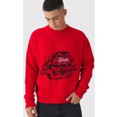 boohooMAN Oversized Reverse Knit Halloween Jumper - Red