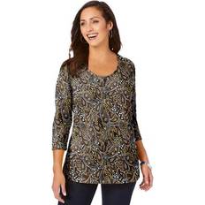 Jessica London T-shirts Jessica London Plus Women's Stretch Cotton Scoop Neck Tee in Brown Garden Paisley (Size 18/20) 3/4 Sleeve Shirt