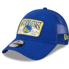 Caps New Era Men's Royal Golden State Warriors Plate Oversized Patch Trucker 9FORTY Adjustable Hat