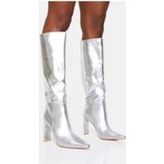 Silver High Boots Public Desire Undone Silver Pu Knee High Zip Up Pointed Toe Thin Block Heeled Boots silver