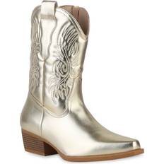 Gold Stiefeletten Damen cowboy boots stiefeletten stickereien holzoptikabsatz 840254 schuhe Gold