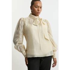 Lace Blouses Karen Millen Plus Linen Blend Organdie Woven Pussybow Blouse Ivory