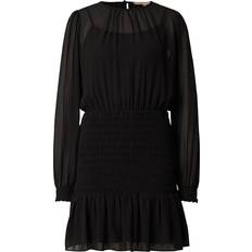 Michael Kors MK Smocked Georgette Long Sleeve Dress Black Michael Kors