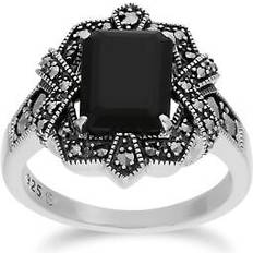 Onyx Rings Gemondo Art Deco Style Baguette Black Onyx Marcasite Ring - Sterling Silver