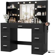 Black and wood desk Furmax Vanity Desk with Mirror Black Dressing Table 15.7x43.2"