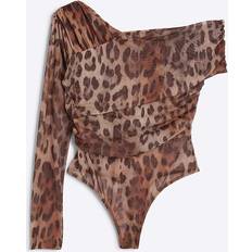 River Island Womens Petite Brown Mesh Leopard Asymmetric Bodysuit