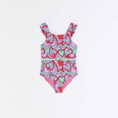 Green Bathing Suits Children's Clothing River Island Girls Swimsuit Green Heart Print Frill Nylon 15-16Y