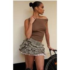 Solid Colours Tank Tops PrettyLittleThing Mocha Fine Knit Twist Neck Vest Top, Brown