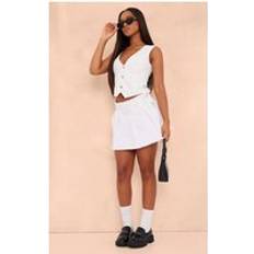 PrettyLittleThing White Bow Tie Belt Pleated Denim Mini Skirt