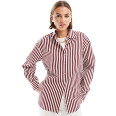 Stripes Clothing Stradivarius Oversize striped poplin shirt with pocket Burgundy