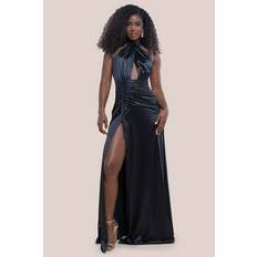 Halter Neck Front Split Satin Maxi Dress Black