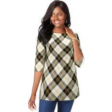 Jessica London Tops Jessica London Plus Women's Stretch Cotton Boatneck Tunic in Ivory Gold Plaid (Size 14/16) Long Knit 3/4 Sleeve Shirt