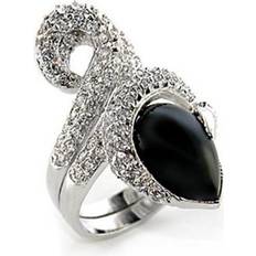 Agate Rings Alamode 80207-8 Rhodium Brass Ring with Semi-Precious Agate, Jet