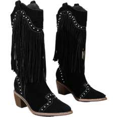 Slip-On High Boots Shein Women's Solid Color Pointed Toe Fringe Chunky Heel Western Boots,Match Black Dress