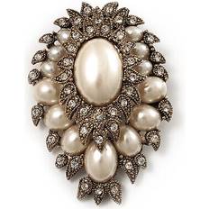 White Brooches Avalaya Oversized vintage corsage imitation pearl brooch (antique gold)