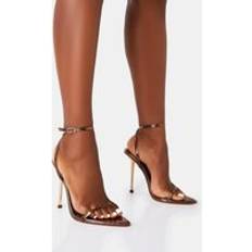 Skor Public Desire Legacy Bronze Pointed Toe Gold Stiletto Heels - Brown
