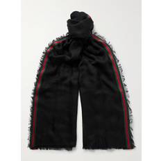 Gucci Scarfs Gucci Frayed Striped Logo-Jacquard Silk and Cotton-Blend Scarf - Men - Black