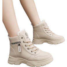 Shein Women Winter Snow Boots, Zipper Decor Lace-Up Warm Plush Round Toe Outdoor Casual Sports Fashionable Leather Waterproof Anti-Slip Boots