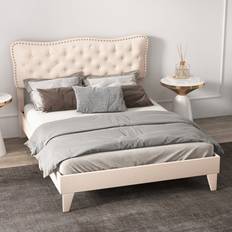 Costway King Size Bed Frame Wooden Slat Bed Platform W/ Upholstered Button Tufted Headboard - One Size