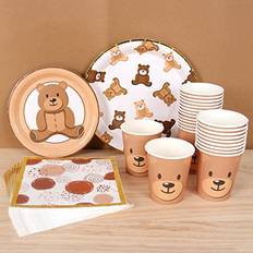 Brown Disposable Plates Frigg Brown Teddy Bear Baby Shower Plates Teddy Bear Paper Plates,Disposable Cups,Napkin with Firework Pattern in Golden Border for 24 Teddy Bear Theme Party Supplies,Baby Shower Wedding Birthday Party