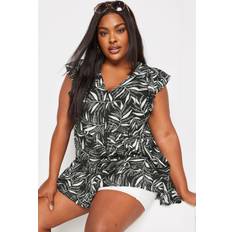 Yours Leaf Print Frill Linen Blouse - Black