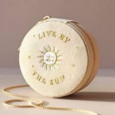 Beige Jewellery Boxes Embroidered Sun and Moon Round Jewellery Case in Beige One