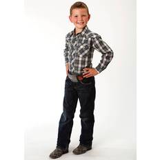 Green Shirts Roper Embroidered Yoke Western Shirt - Boys - Tan, Blue & Green Plaid