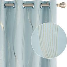 Deconovo Blackout Eyelet Curtains Thermal Insulated Gold Wave Line Printed 46x72 Inch Light Blue 2 Panels