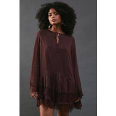 Brown - Short Dresses Warehouse Dobby Chiffon Tie Neck Lace Hem Mini Dress - Womens