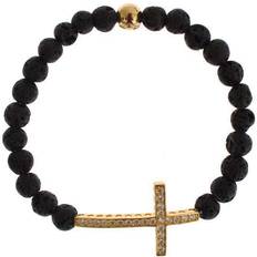 Nialaya Lava Stone Gold Clear CZ Cross 925 Silver Bracelet