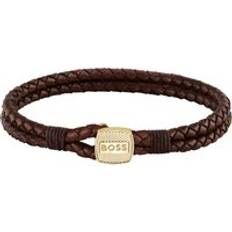 Brun Armbånd BOSS Brown Braided Leather Cuff With Gold Tone Closure