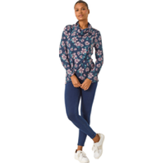 Stretch - Women Blouses Roman Cowl Neck Floral Snit Top - Navy