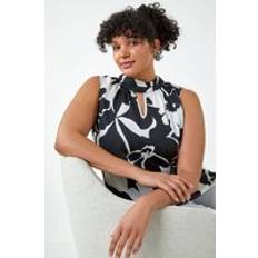 Women Tops Roman Curve Abstract Bubble Hem Keyhole Top - Black