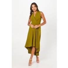 Clothing Coast Collared Wrap Bodice Drape Crepe Midi Dress - Olive