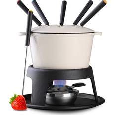 Artestia Cast Iron Fondue Pot Set with 6 Fondue Forks - 6 Persons (White)