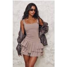 PrettyLittleThing Taupe Stretch Woven Pleated Shift Dress, Brown