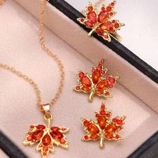 Gold Jewellery Sets Shein pcs Luxury Maple Leaf Elegant Fashionable Thanksgiving Holiday Daily Jewelry Set For Women Necklace Ring Earrings