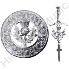 Brown Brooches HM Brand scottish thistle design kilt pin & fly plaid brooch chrome finish