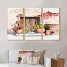 Framed Art Winston Porter Old En Door Brick Wall & Some Plants I - 3 Piece Picture Frame Print on Canvas 20.0 H x 36.0 W x 1.0 D - Orange/Red/White Framed Art