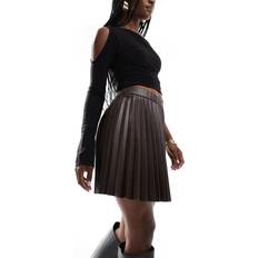 Brown - Women Skirts Vila Leather Look Pleated Mini Skirt - Dark Chocolate Brown