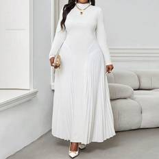 Shein Autumn And Winter Elegant Work Office White Knitted Stand Collar Pleated Flowy Pleated Long Long Sleeve Plus Dresses