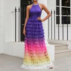 Shein Women's Colorful Gradient Color Halter Neck Sequins Stitching Multi-Layer Hem Romantic Rainbow Gradient A-Line Dress For Evening Banquet Dress Formal Ball Gown For Women