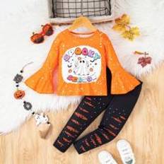 Orange Övriga sets Shein Young Girl Letter Print Round Neck Flared Sleeve Top And Pants Casual Outfit, Spring Summer
