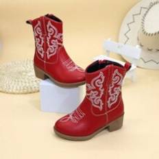 Shein Childrens Boots Girls Shoes High Boots Mid-Calf Boots Embroidered High Heels Western Cowboy Boots Pointed Side Zipper