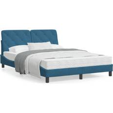 Blau Taschenfederkernmatratzen Bett mit Matratze Blau 140x190 cm Samt Taschenfederkernmatratze