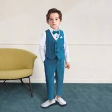 Vita Kostymer Barnkläder Shein Young Boy 2024 New Gentleman Formal Dress 4-Piece Set, Including White Shirt, Striped Vest, Pants And Bow Tie, College Style Outfit For Boys' Performance, Wedding, And Festival Attire